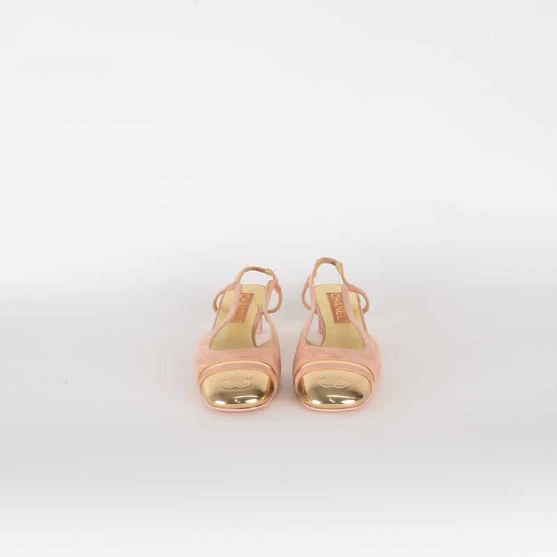 Chanel Pink Suede Block Heel Slingback with Gold Toe Cap