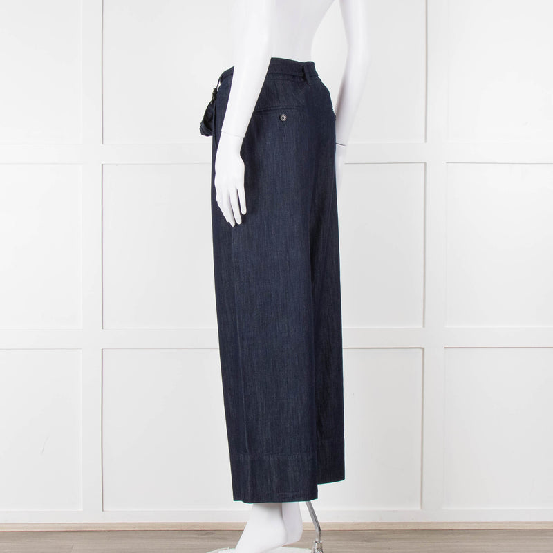 S Max Mara Blue Cotton Embellished Detail Cotton Wide Leg Trousers