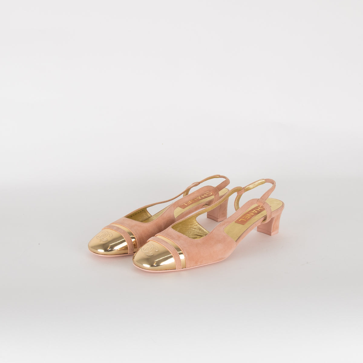 Chanel Pink Suede Block Heel Slingback with Gold Toe Cap