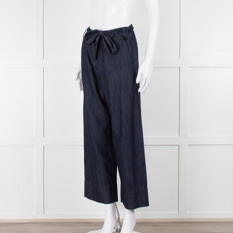 S Max Mara Blue Cotton Embellished Detail Cotton Wide Leg Trousers