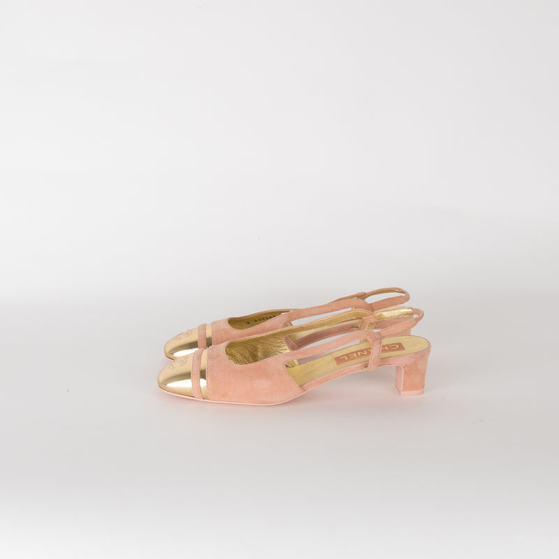 Chanel Pink Suede Block Heel Slingback with Gold Toe Cap