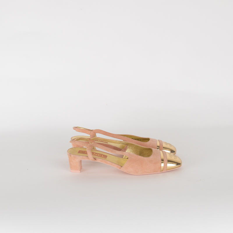 Chanel Pink Suede Block Heel Slingback with Gold Toe Cap