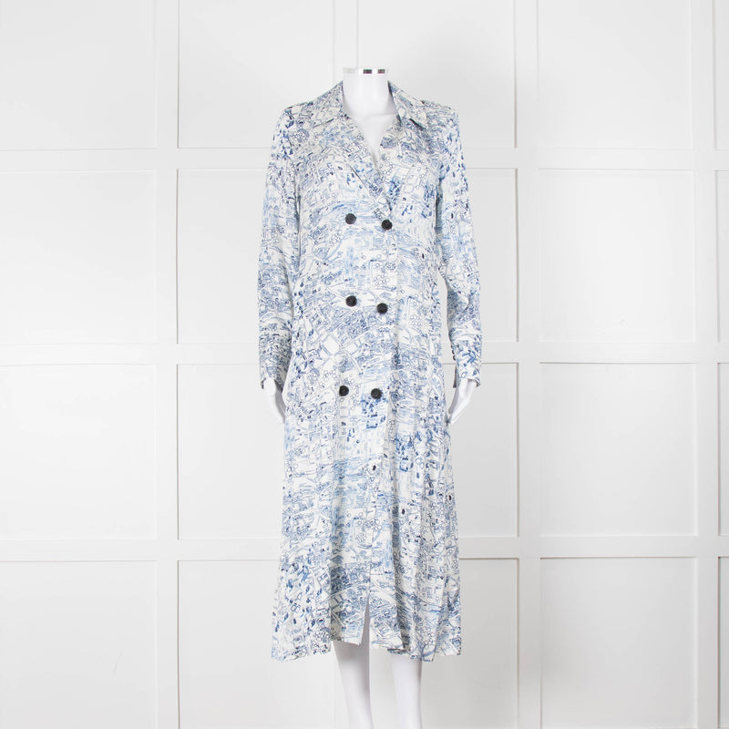 Riani Blue and White Hand-drawn Map Print Double Breasted Dress