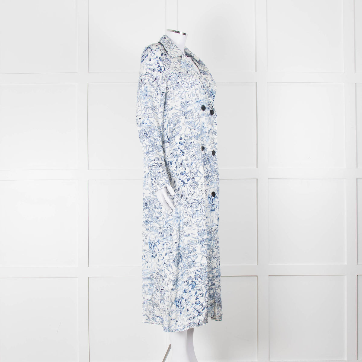 Riani Blue and White Hand-drawn Map Print Double Breasted Dress