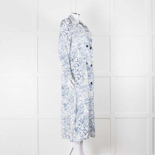 Riani Blue and White Hand-drawn Map Print Double Breasted Dress