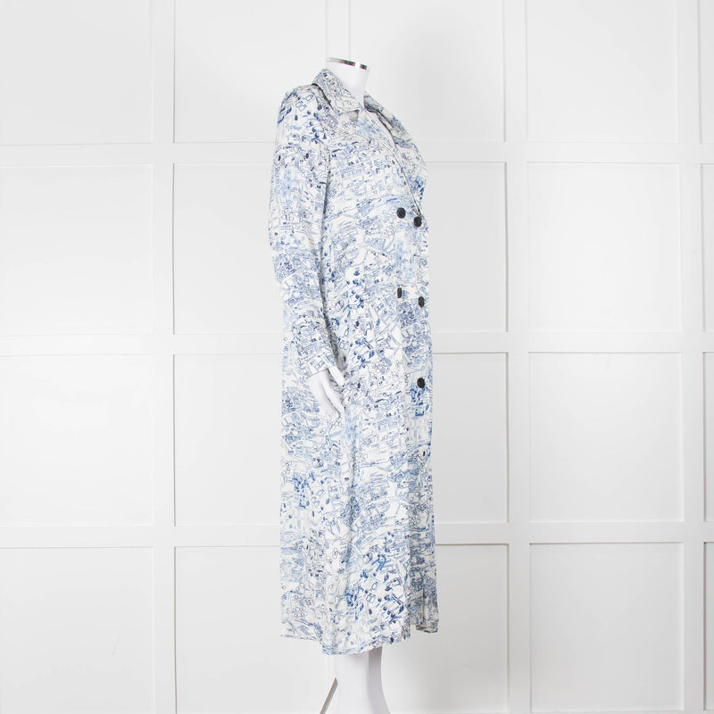 Riani Blue and White Hand-drawn Map Print Double Breasted Dress