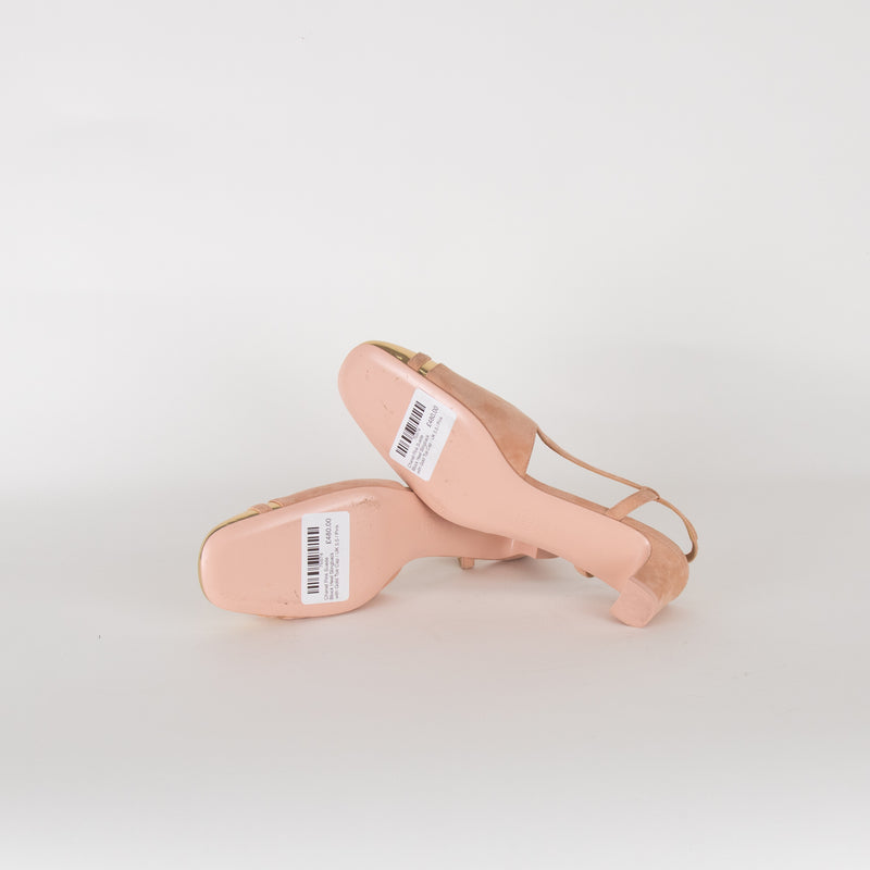 Chanel Pink Suede Block Heel Slingback with Gold Toe Cap