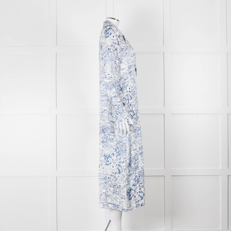Riani Blue and White Hand-drawn Map Print Double Breasted Dress