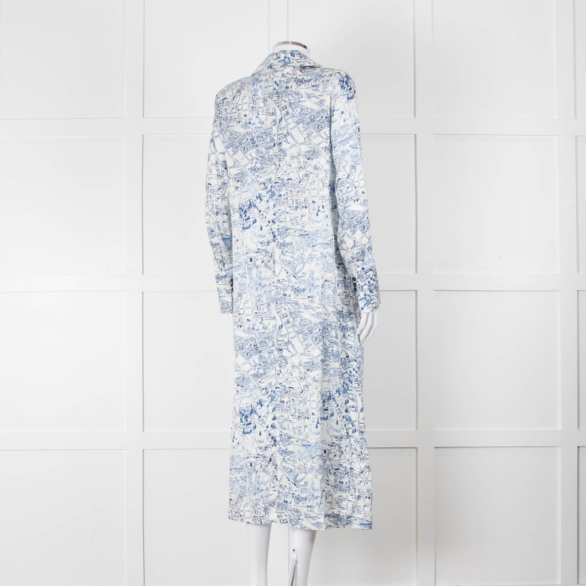 Riani Blue and White Hand-drawn Map Print Double Breasted Dress