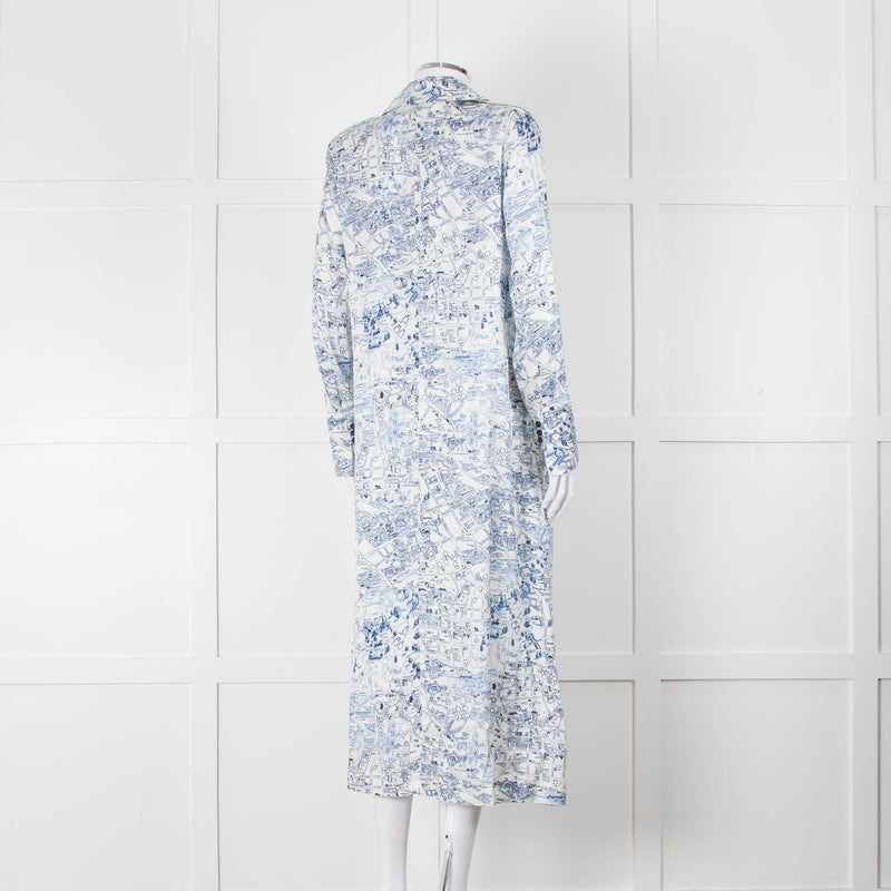 Riani Blue and White Hand-drawn Map Print Double Breasted Dress