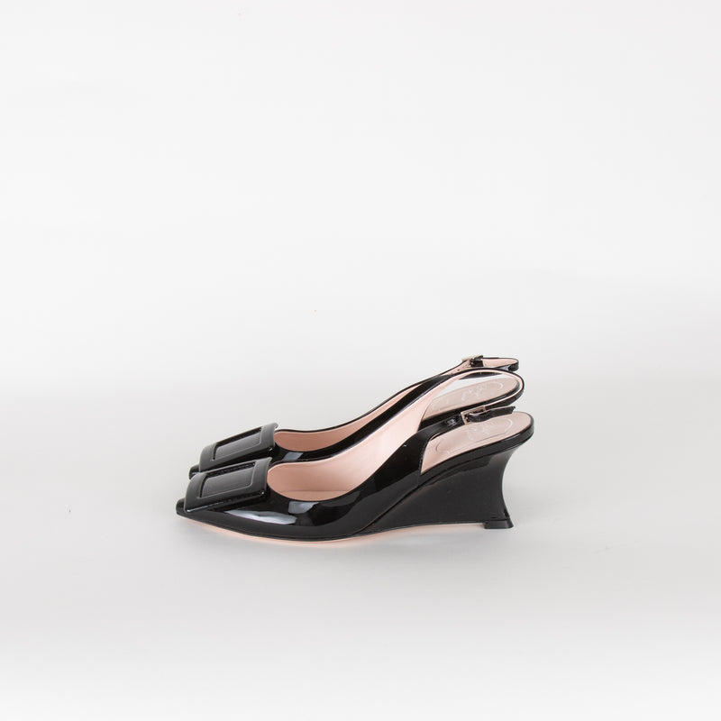 Roger Vivier Black Patent Kitten Wedge Heels with Toe Buckle