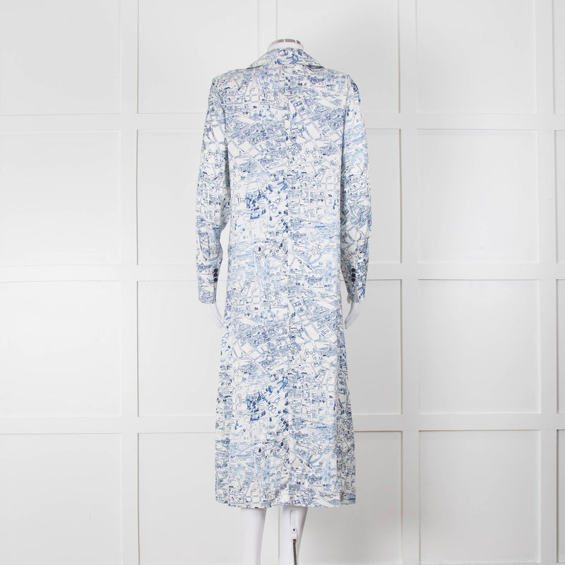Riani Blue and White Hand-drawn Map Print Double Breasted Dress