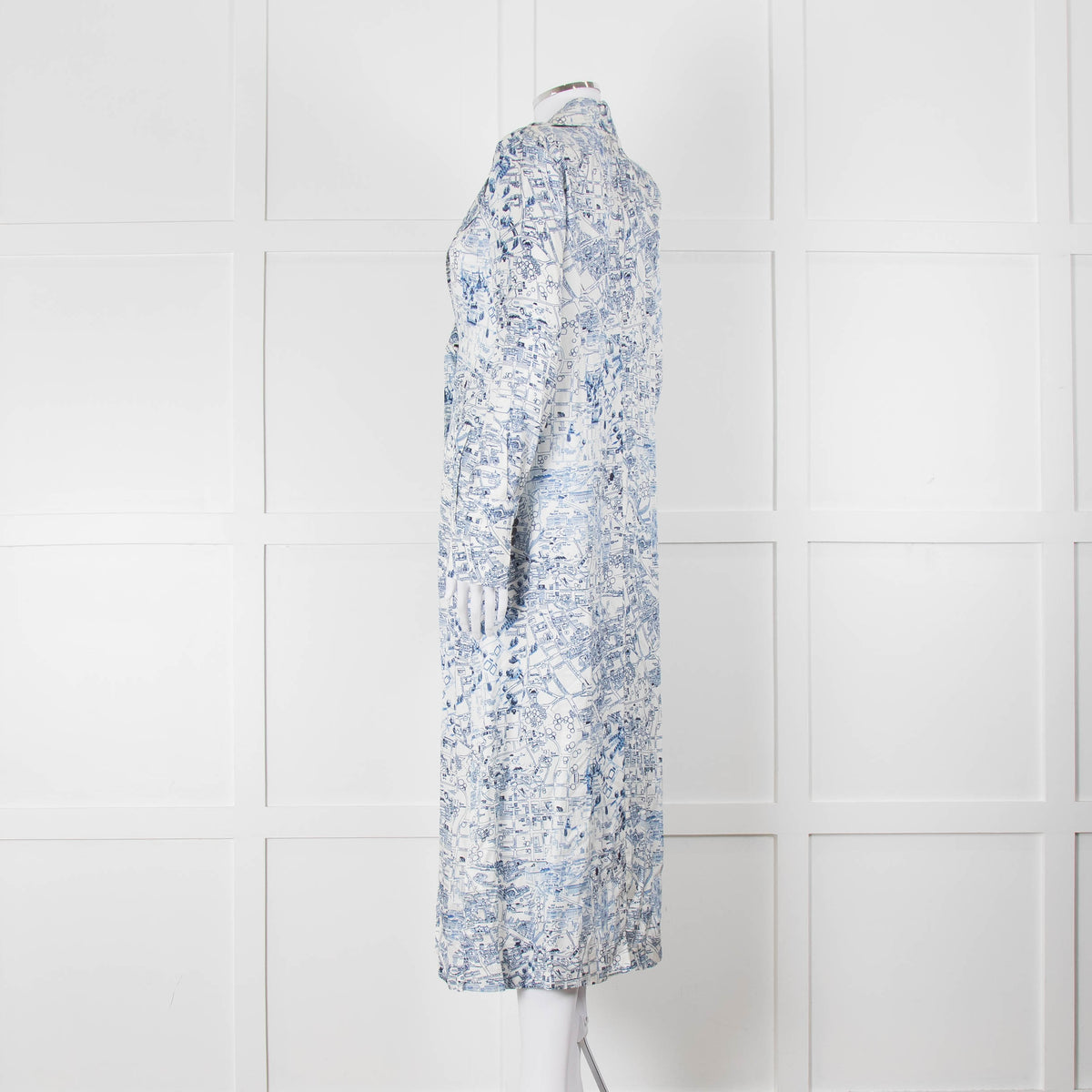 Riani Blue and White Hand-drawn Map Print Double Breasted Dress