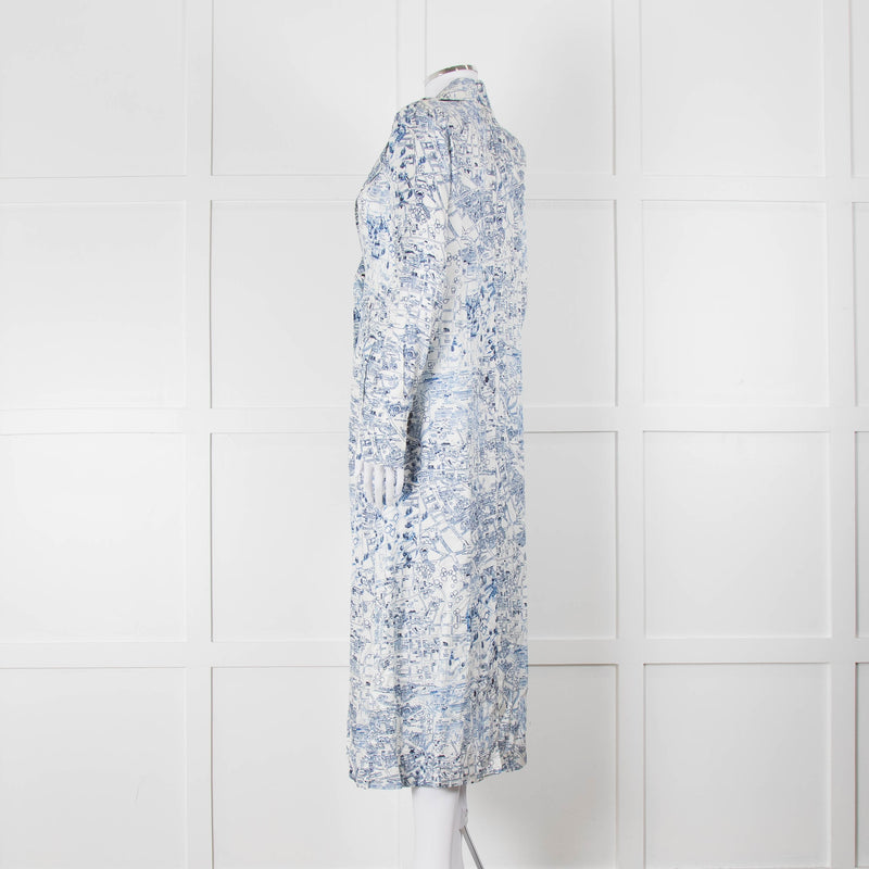Riani Blue and White Hand-drawn Map Print Double Breasted Dress