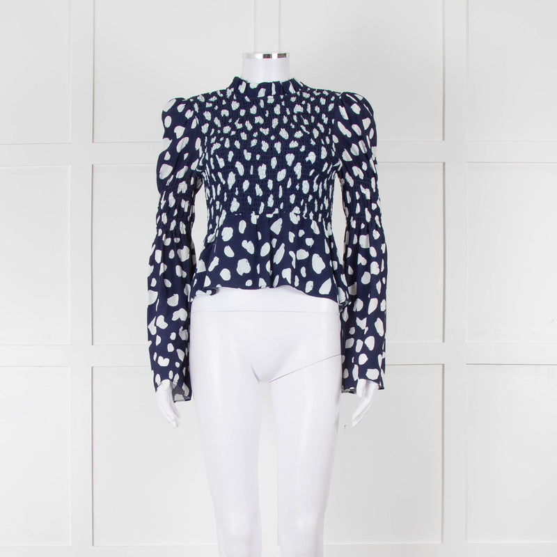 Kitri Blue And White Pattern Smocked Front Top
