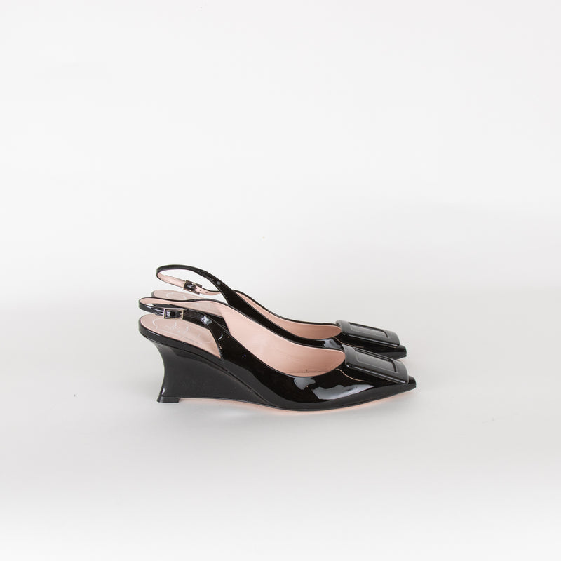 Roger Vivier Black Patent Kitten Wedge Heels with Toe Buckle