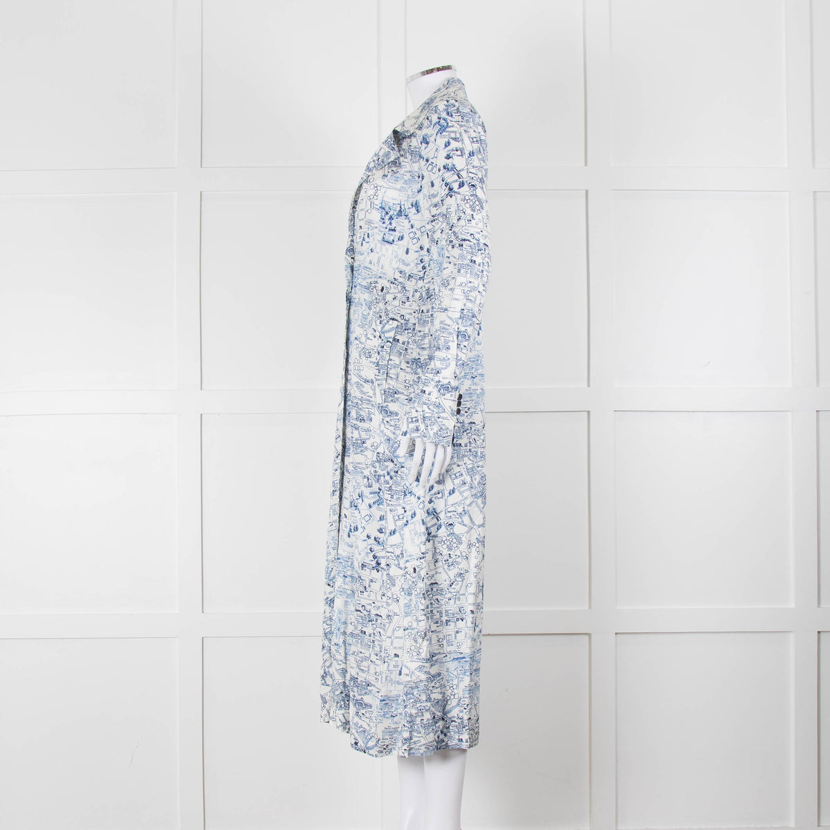 Riani Blue and White Hand-drawn Map Print Double Breasted Dress