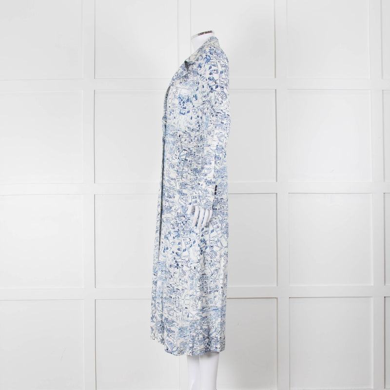 Riani Blue and White Hand-drawn Map Print Double Breasted Dress