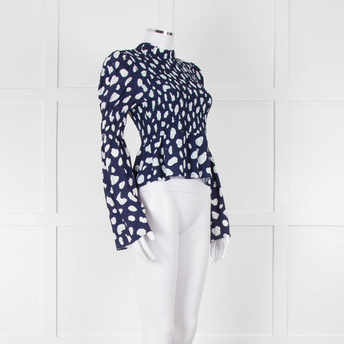 Kitri Blue And White Pattern Smocked Front Top