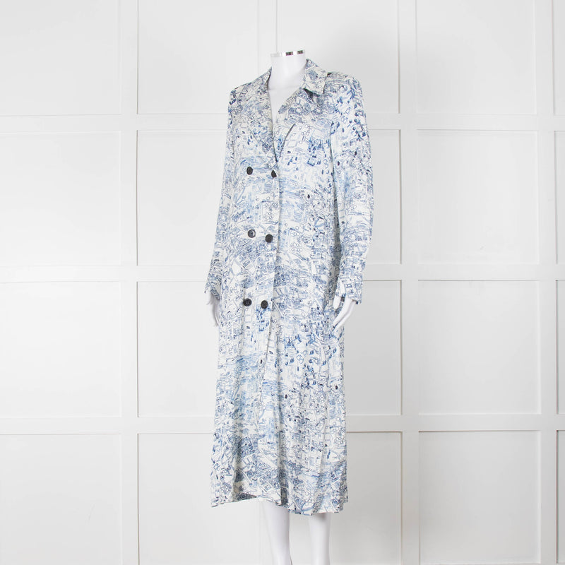 Riani Blue and White Hand-drawn Map Print Double Breasted Dress