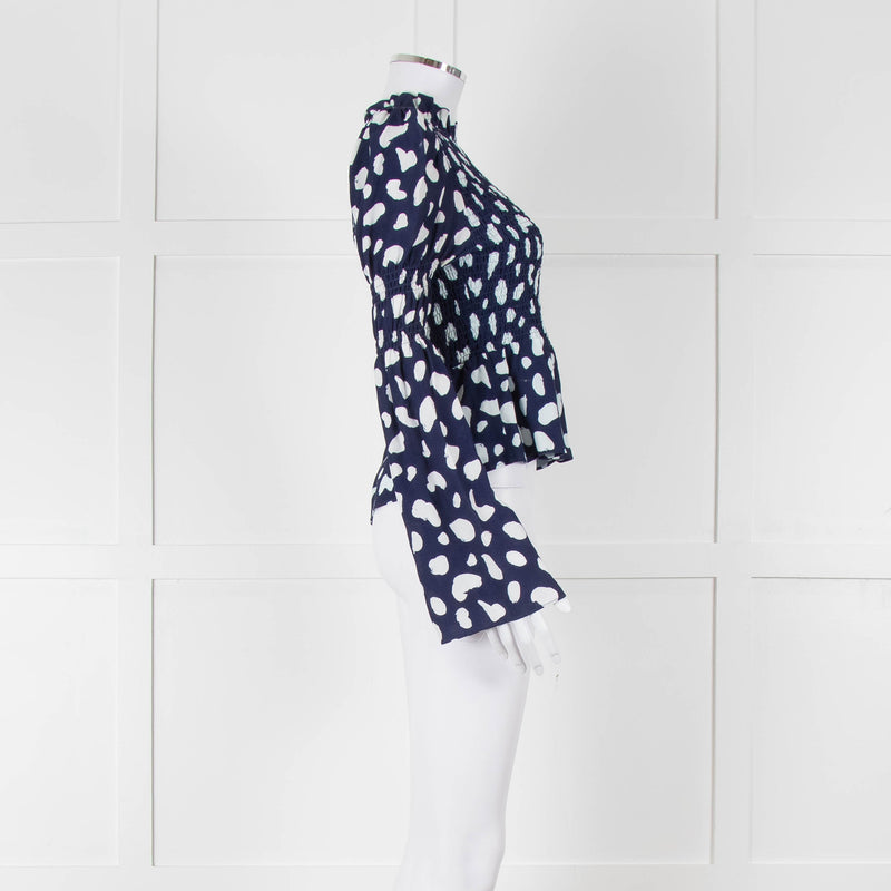 Kitri Blue And White Pattern Smocked Front Top