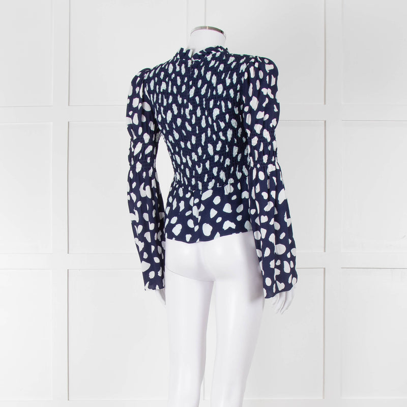 Kitri Blue And White Pattern Smocked Front Top