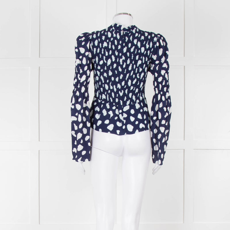 Kitri Blue And White Pattern Smocked Front Top
