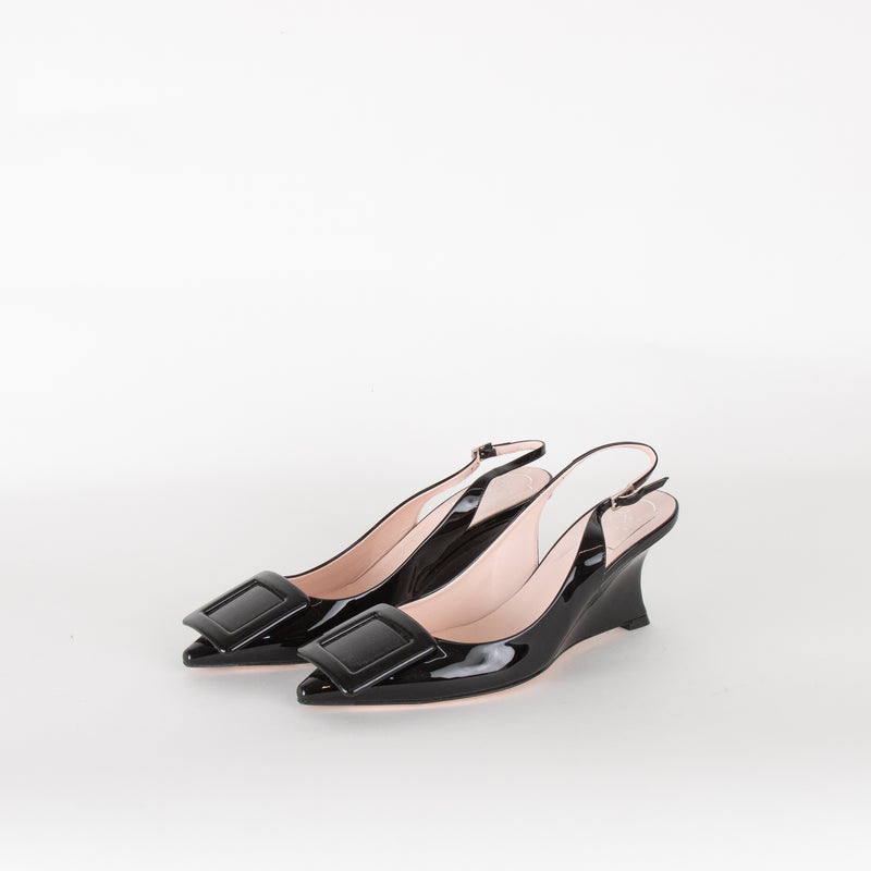 Roger Vivier Black Patent Kitten Wedge Heels with Toe Buckle