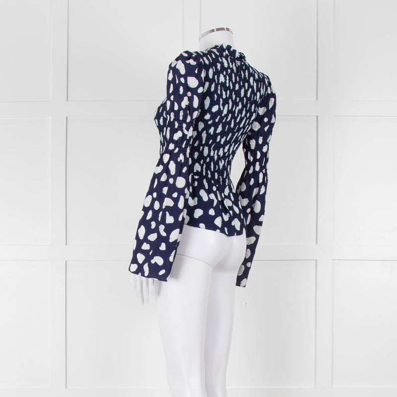 Kitri Blue And White Pattern Smocked Front Top