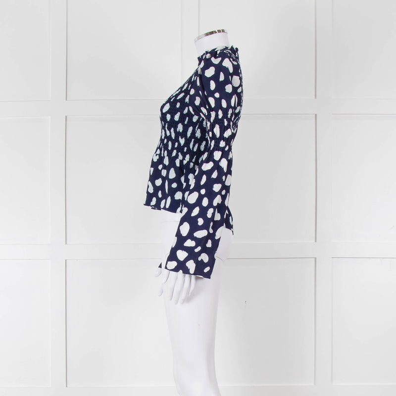Kitri Blue And White Pattern Smocked Front Top