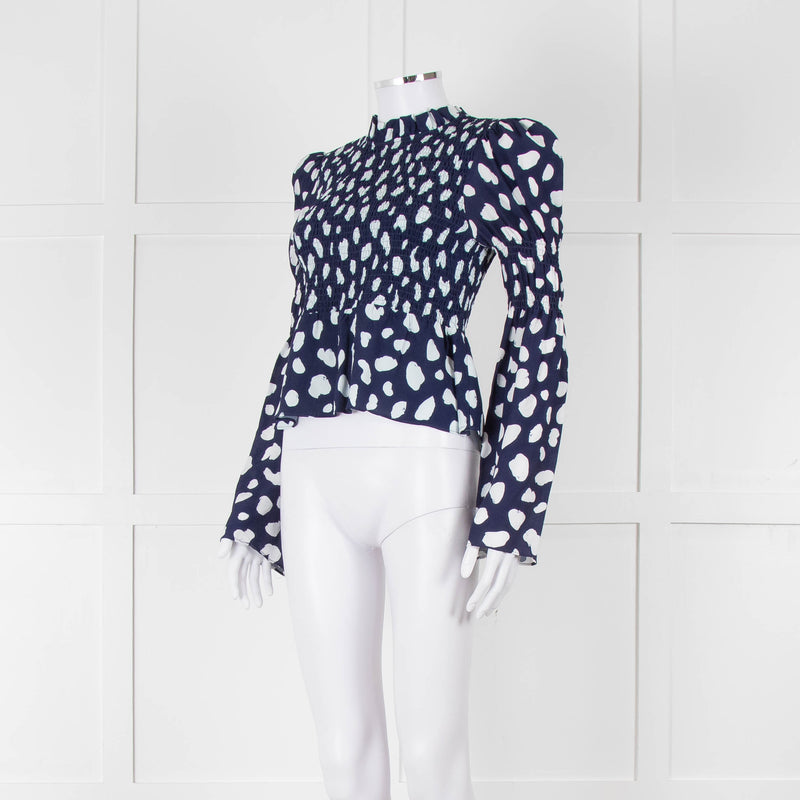 Kitri Blue And White Pattern Smocked Front Top