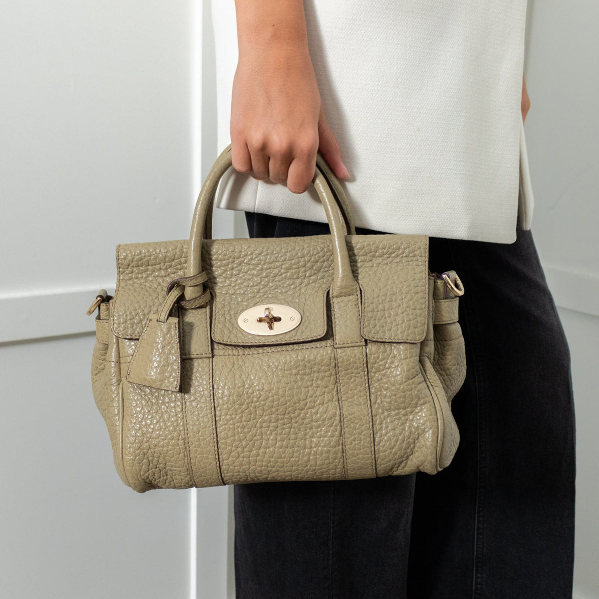 Mulberry Mini Bayswater In Khaki Pebbled Leather