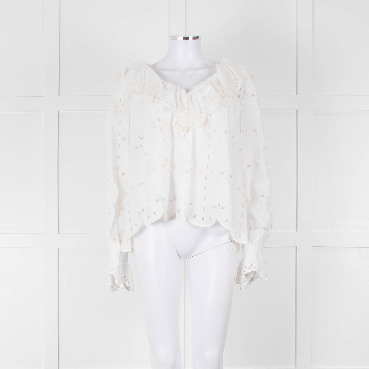 See By Chloe Cream Broderie Cotton Frill Neck Blouse