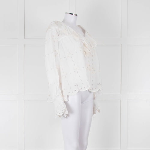 See By Chloe Cream Broderie Cotton Frill Neck Blouse