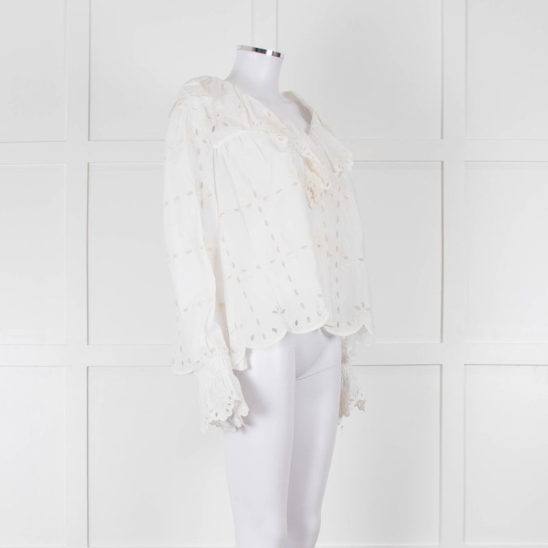 See By Chloe Cream Broderie Cotton Frill Neck Blouse