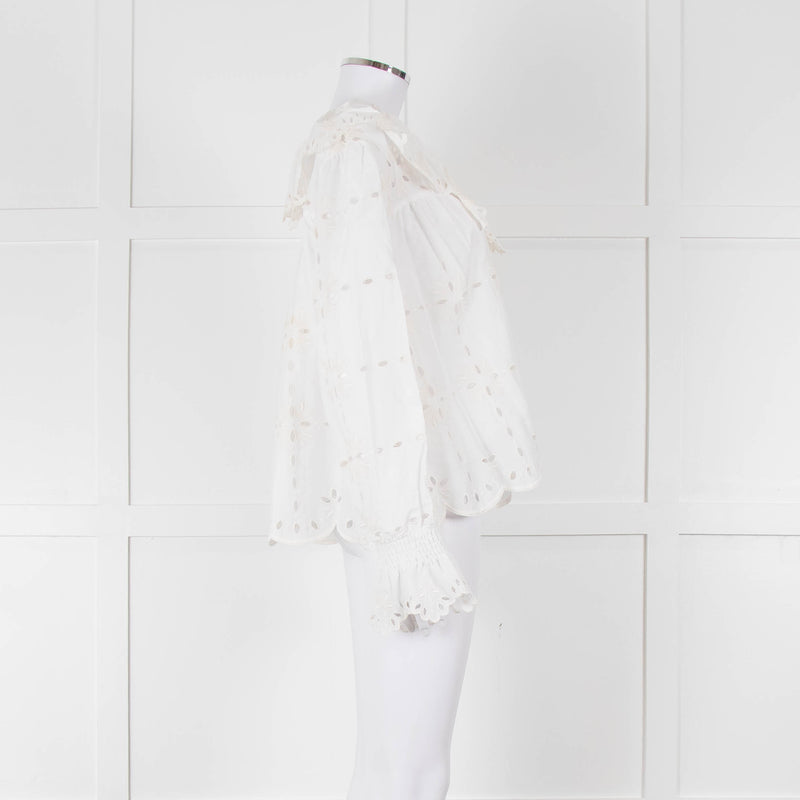See By Chloe Cream Broderie Cotton Frill Neck Blouse