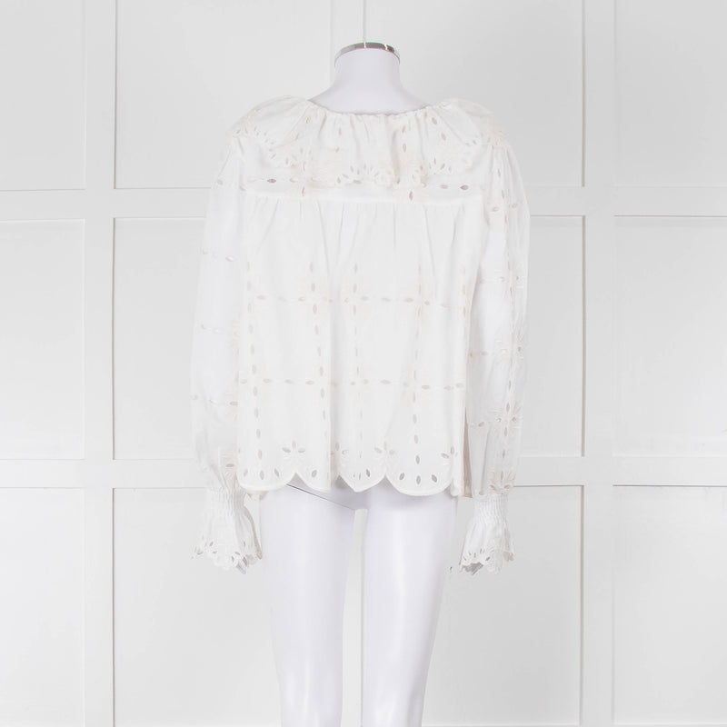 See By Chloe Cream Broderie Cotton Frill Neck Blouse