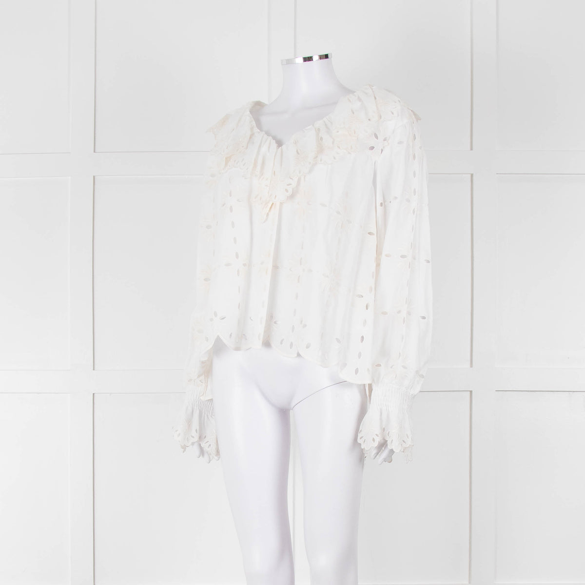 See By Chloe Cream Broderie Cotton Frill Neck Blouse