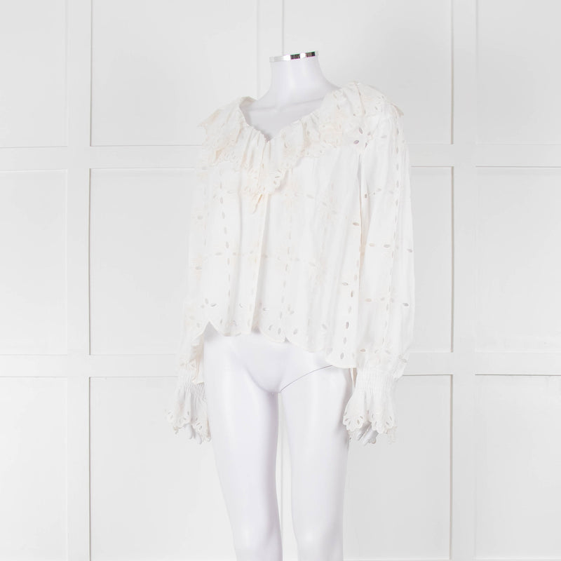 See By Chloe Cream Broderie Cotton Frill Neck Blouse