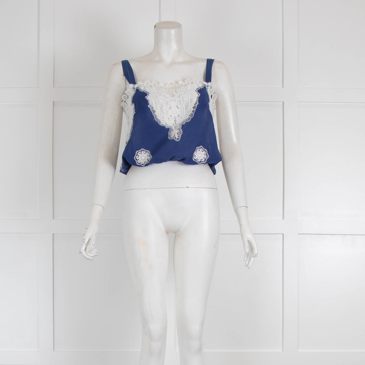 Miguelina Blue White Lace Detail Sleeveless Top