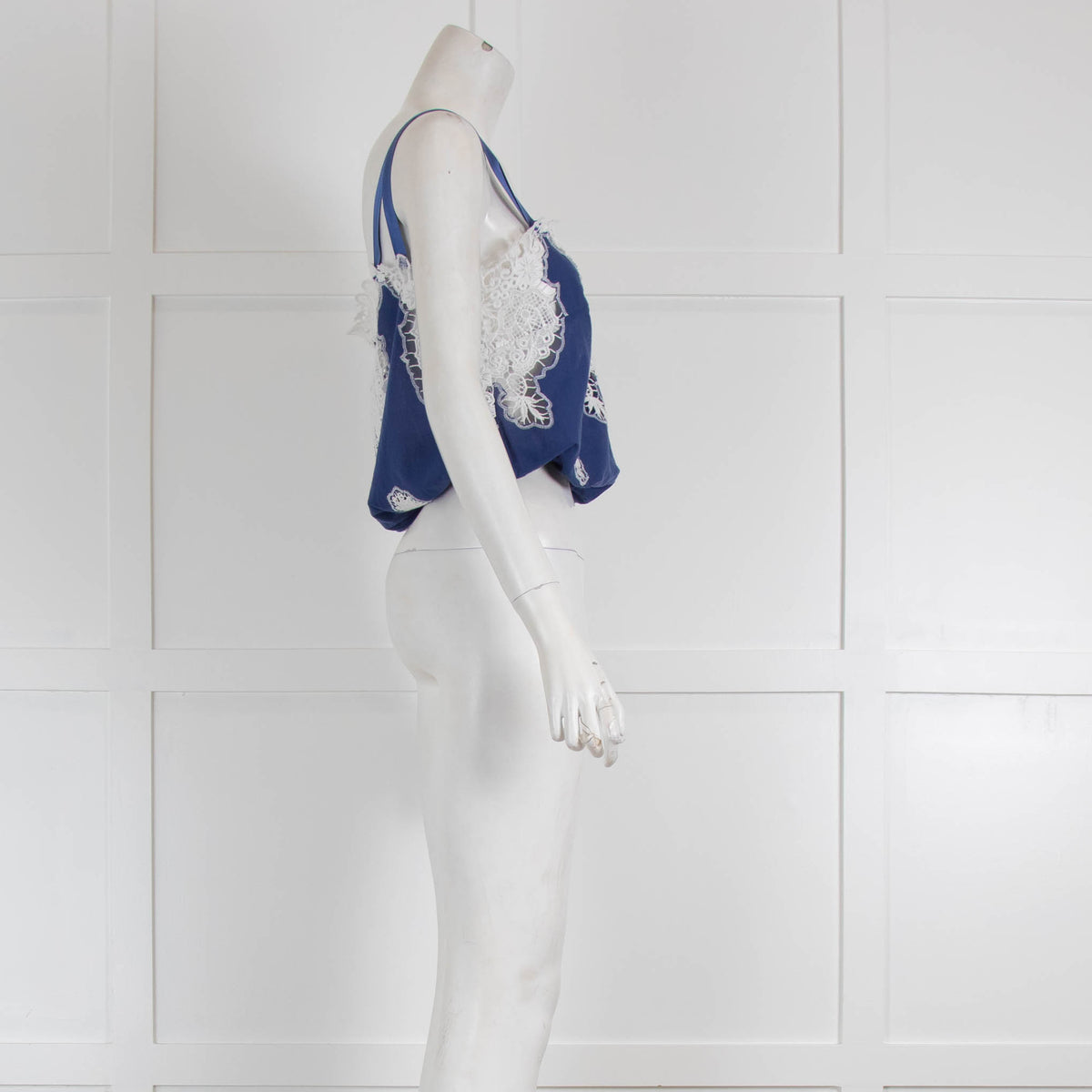 Miguelina Blue White Lace Detail Sleeveless Top