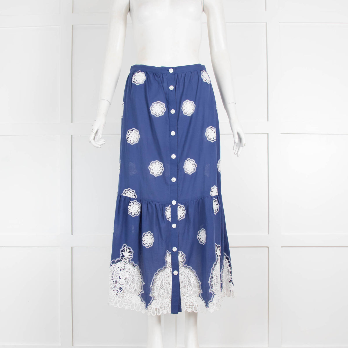 Miguelina Blue White Lace Detail Button Down Maxi Skirt