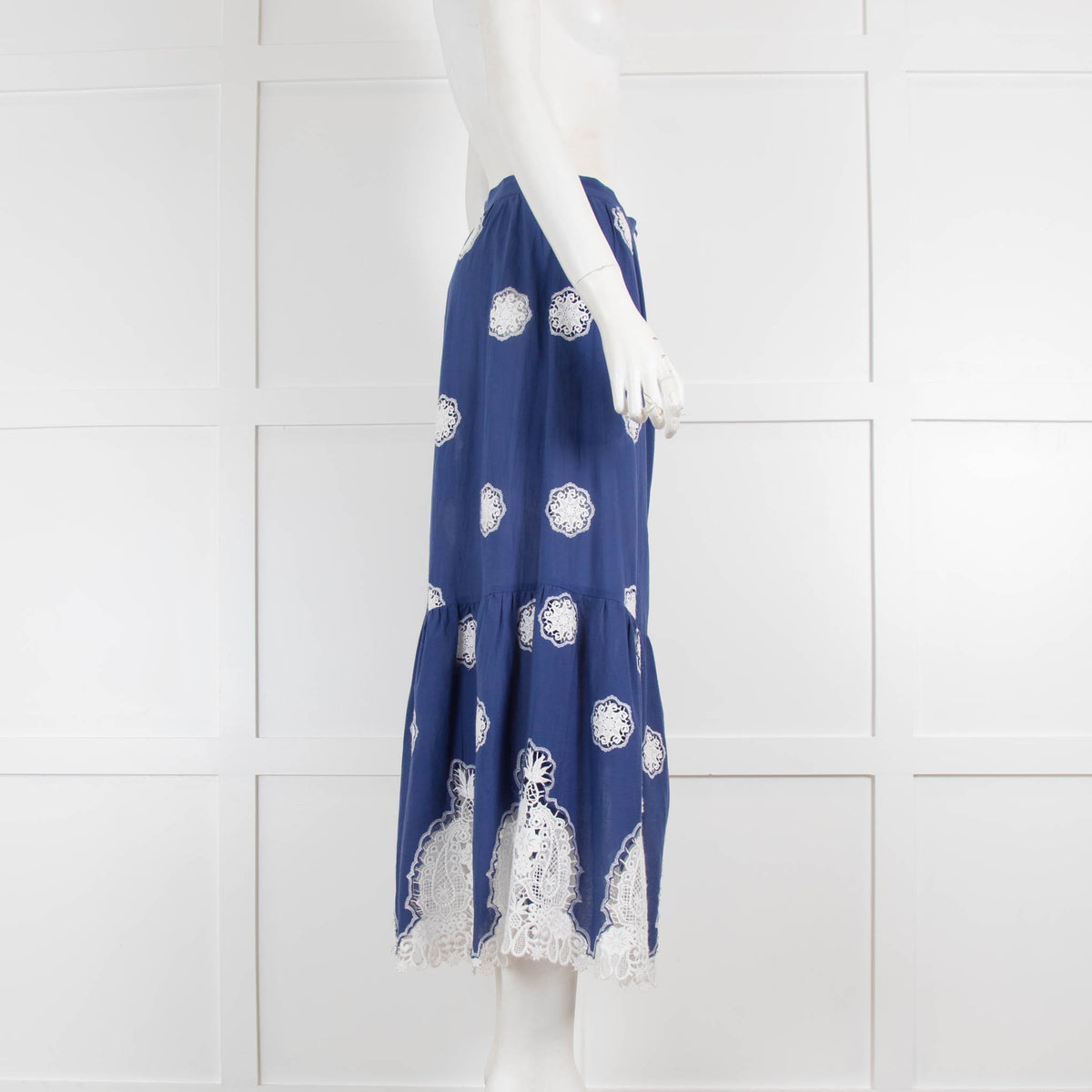 Miguelina Blue White Lace Detail Button Down Maxi Skirt