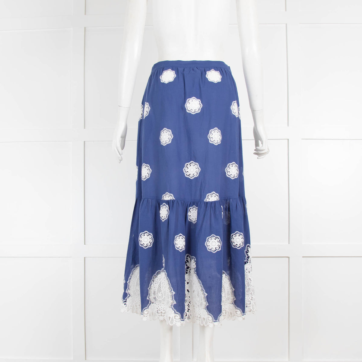 Miguelina Blue White Lace Detail Button Down Maxi Skirt