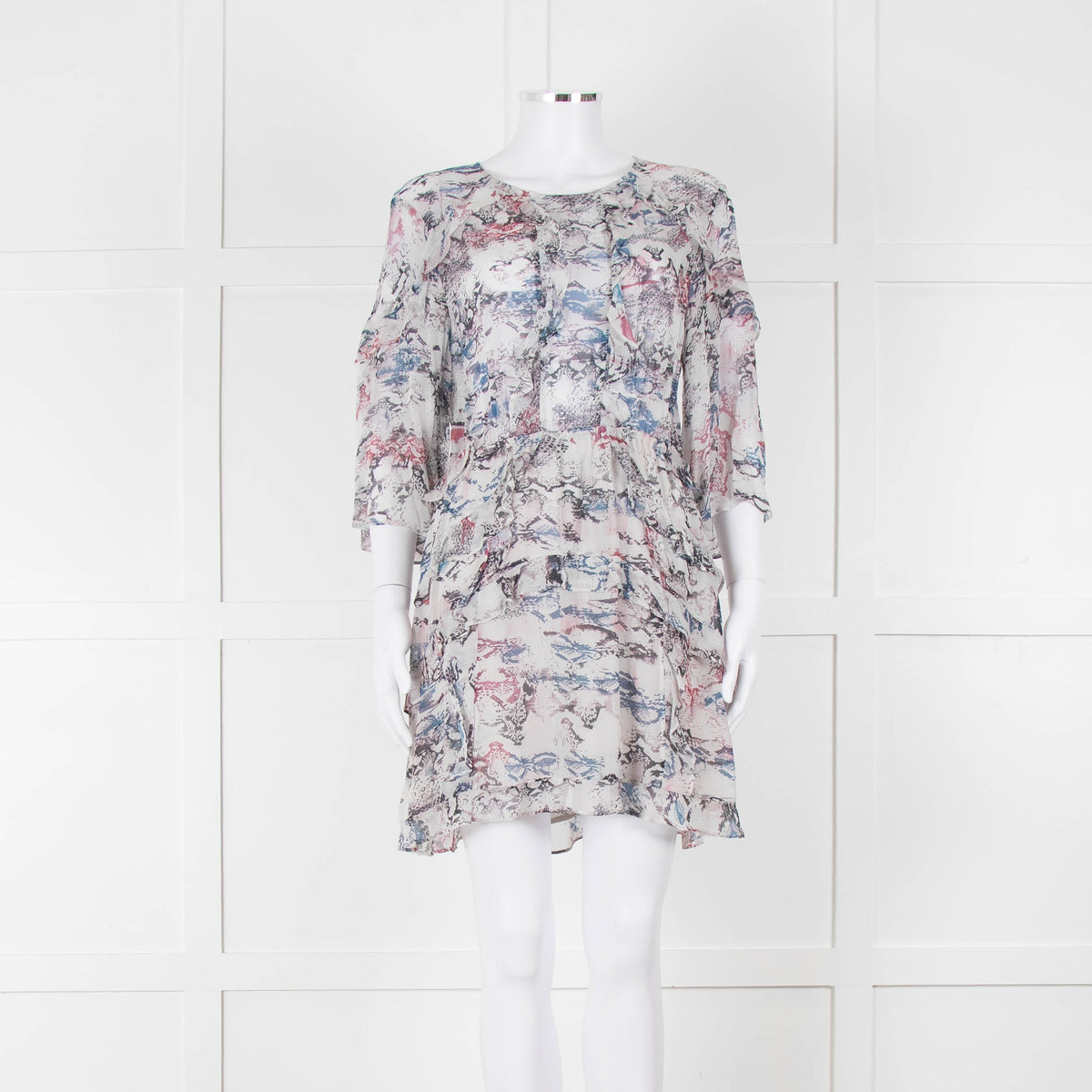 IRO Grey Sheer Mini Dress with Blue and Pink Print and Lace up Back