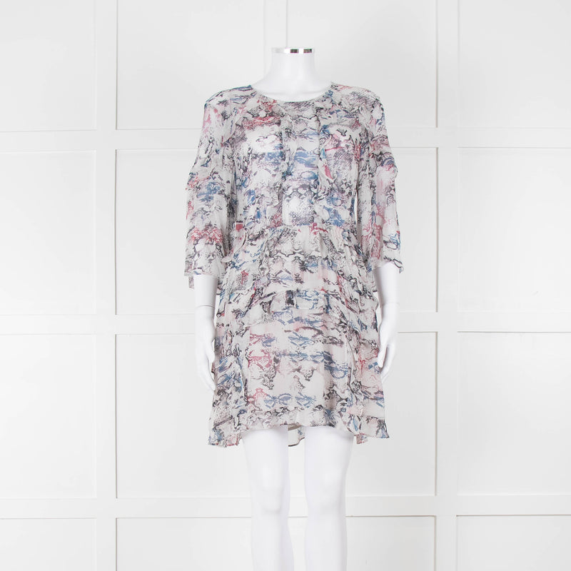 IRO Grey Sheer Mini Dress with Blue and Pink Print and Lace up Back