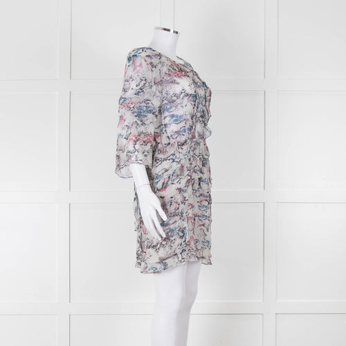 IRO Grey Sheer Mini Dress with Blue and Pink Print and Lace up Back