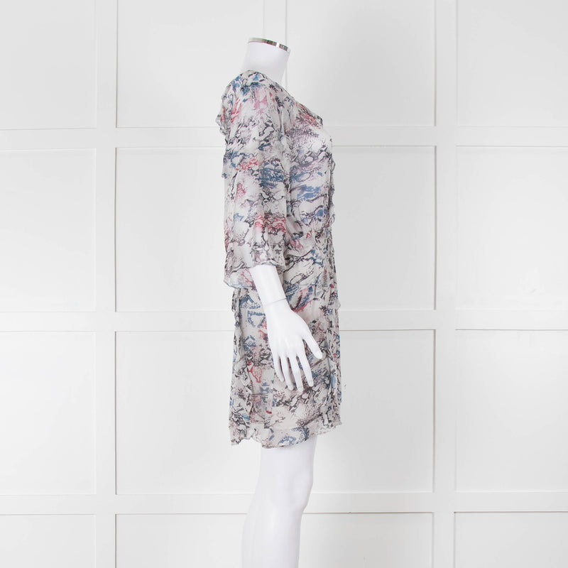 IRO Grey Sheer Mini Dress with Blue and Pink Print and Lace up Back