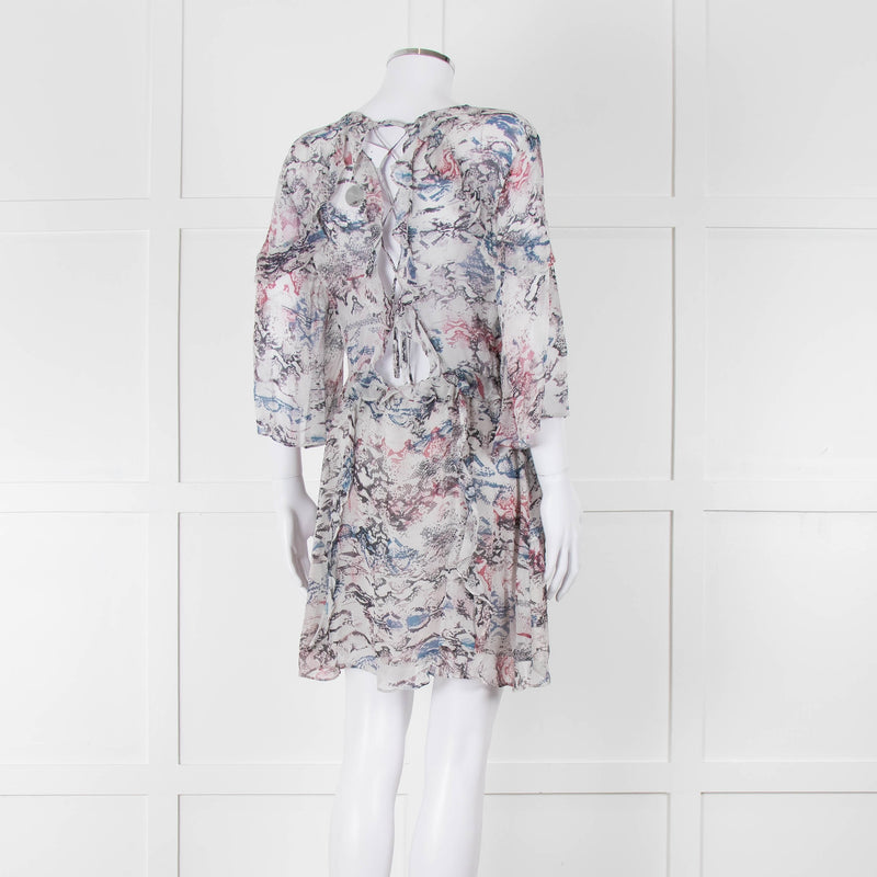 IRO Grey Sheer Mini Dress with Blue and Pink Print and Lace up Back