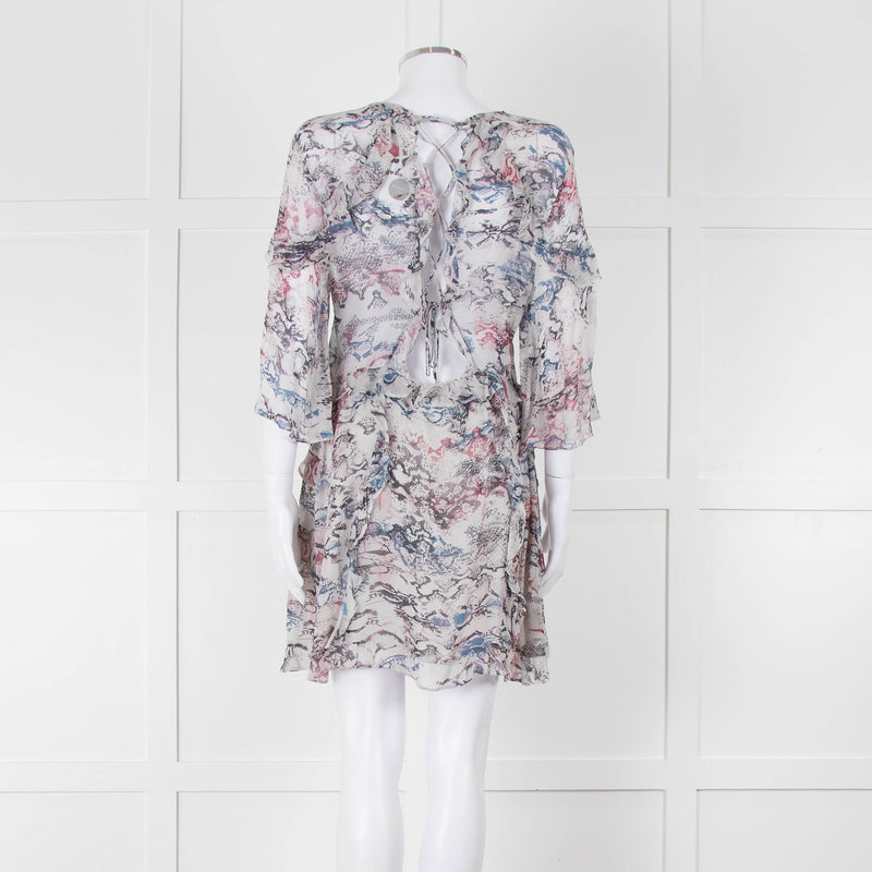 IRO Grey Sheer Mini Dress with Blue and Pink Print and Lace up Back